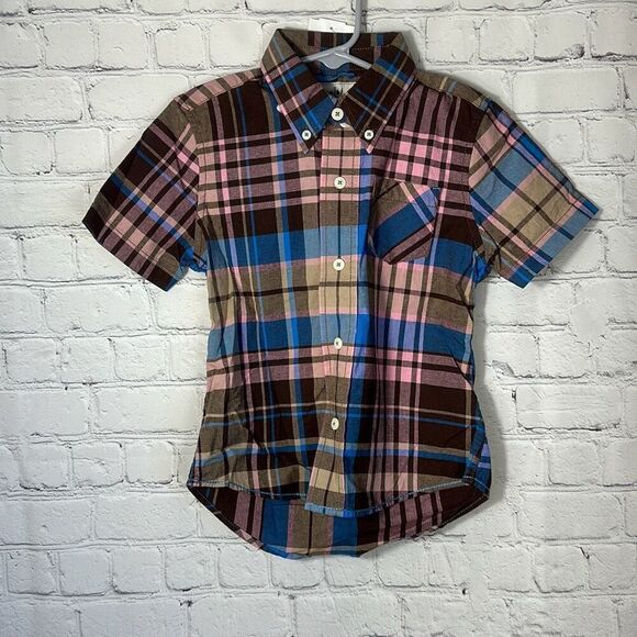 Mini Boden Striped Plaid Button Down Boys Short Sleeve size 3-4Y Brown Blue set - Picture 7 of 7